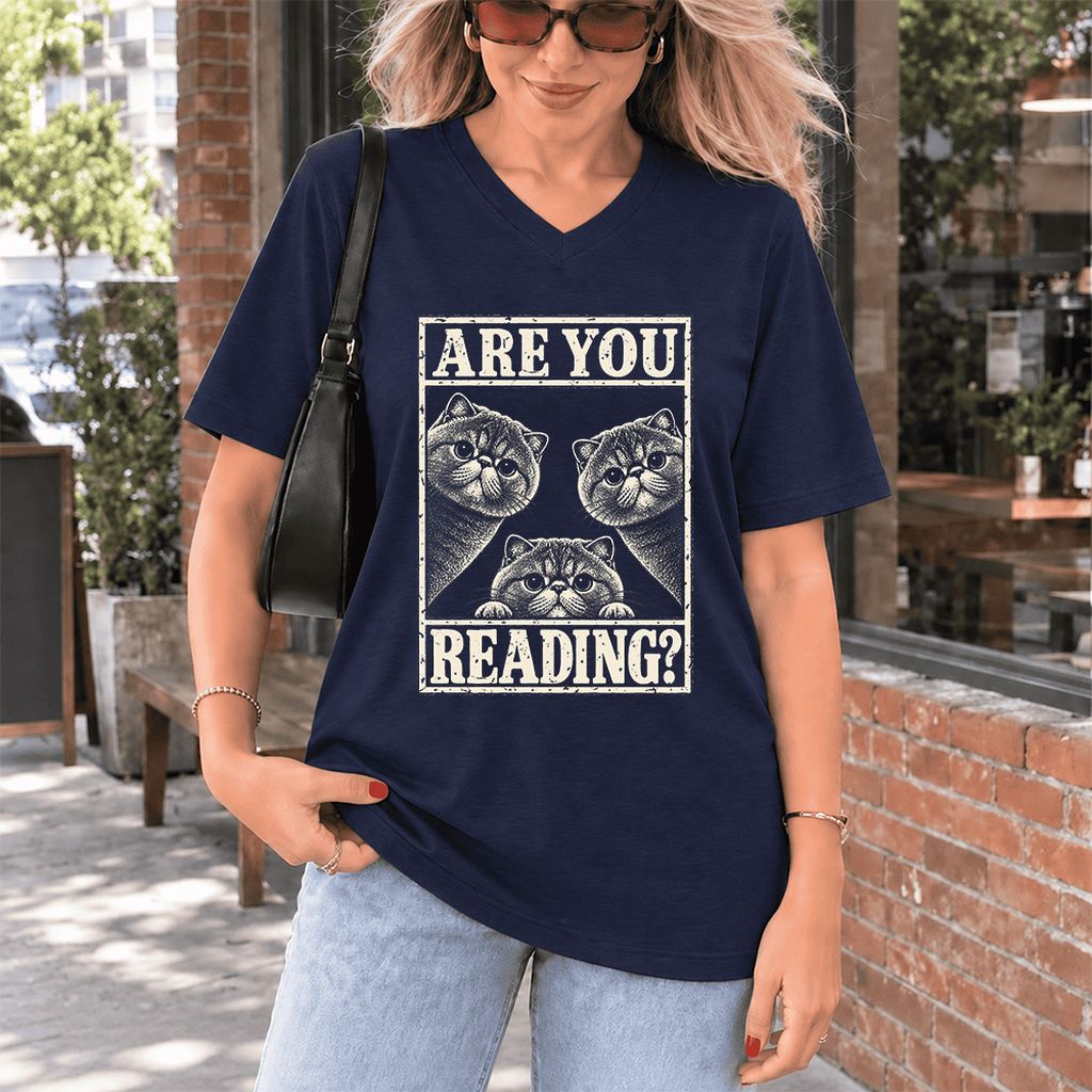 ARE YOU READING Exotic Shorthair Ultra-Soft V-Neck | Cat Lover Reader Gift Navy