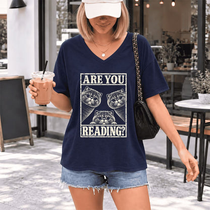 ARE YOU READING Exotic Shorthair Ultra-Soft V-Neck | Cat Lover Reader Gift Navy