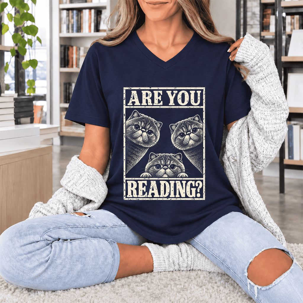 ARE YOU READING Exotic Shorthair Ultra-Soft V-Neck | Cat Lover Reader Gift Navy
