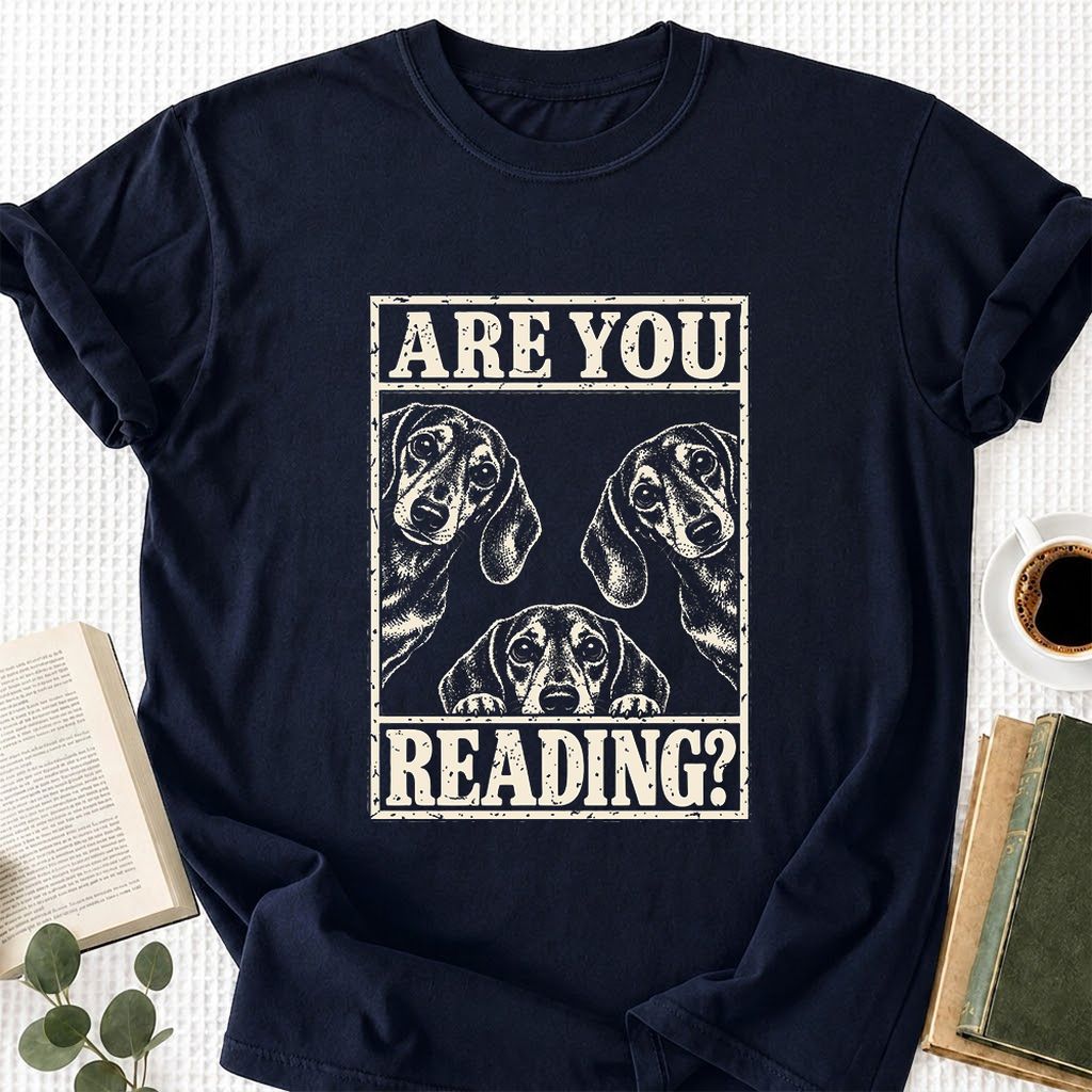 ARE YOU READING Dachshund Printed T-Shirt | Dog Lover Reader Gift Navy