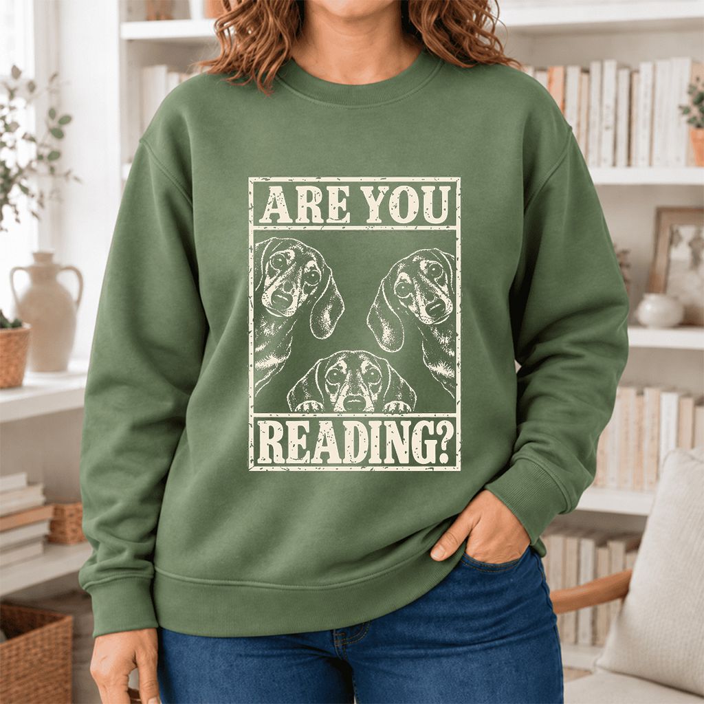 Are You Reading Dachshund Softstyle Sweatshirt | Dog Lover Reader Gift Military Green
