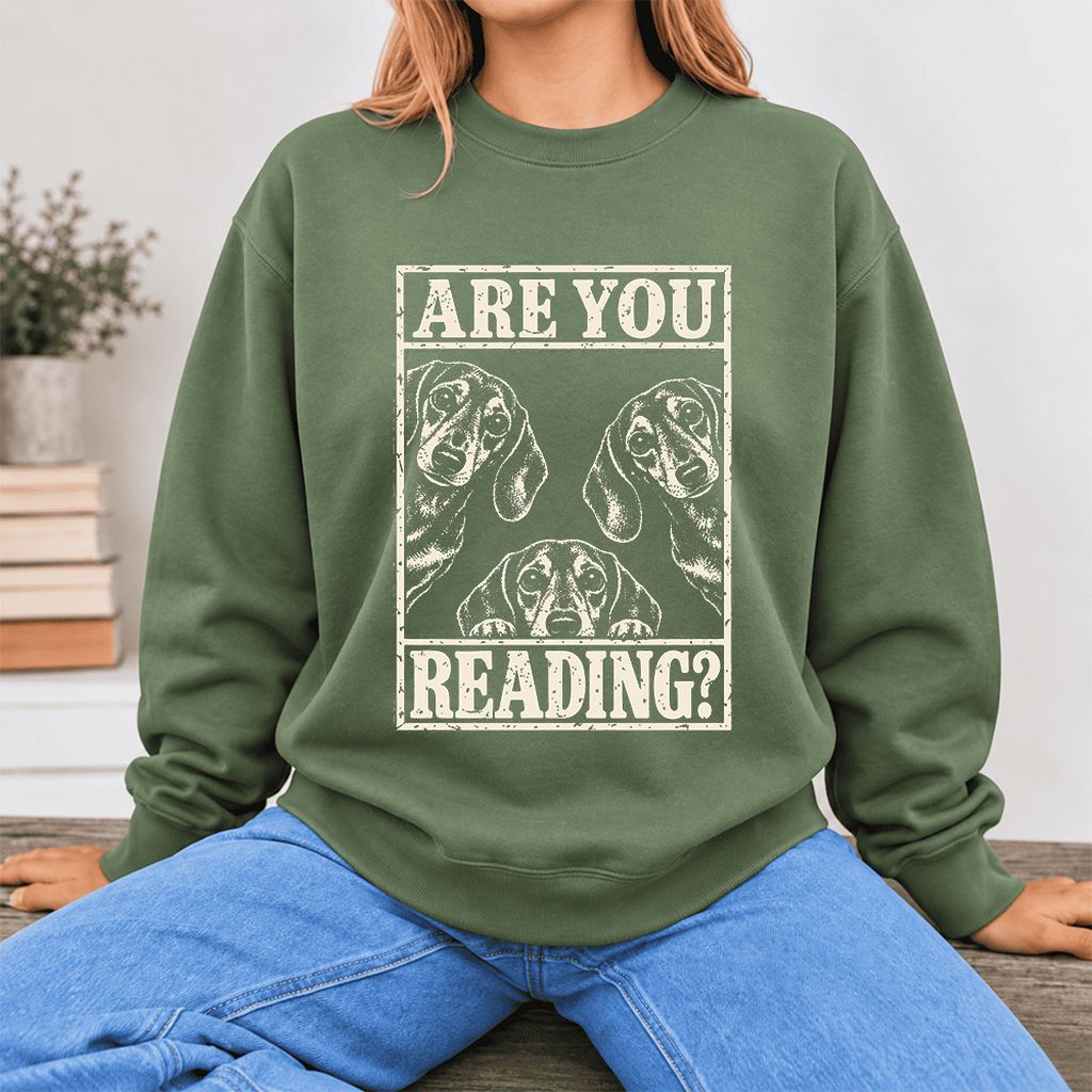 Are You Reading Dachshund Softstyle Sweatshirt | Dog Lover Reader Gift Military Green