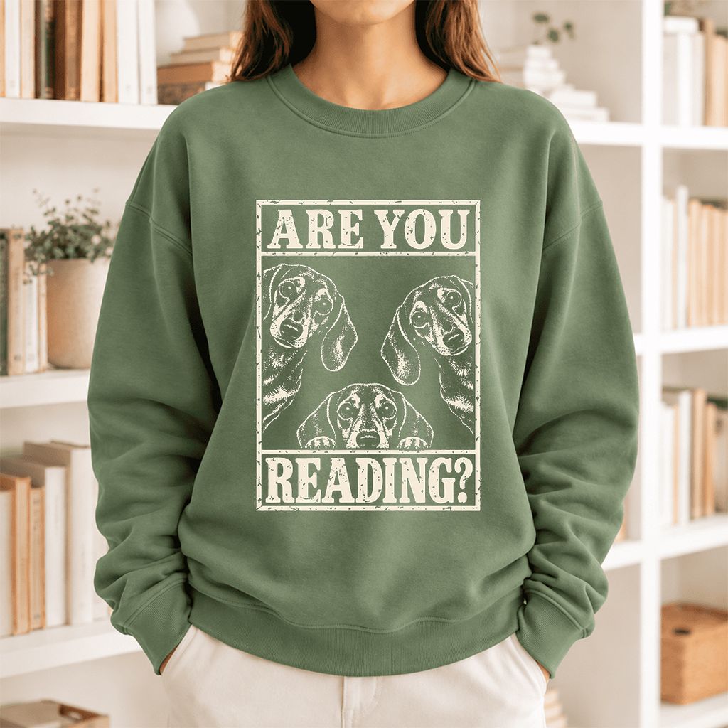 Are You Reading Dachshund Softstyle Sweatshirt | Dog Lover Reader Gift Military Green