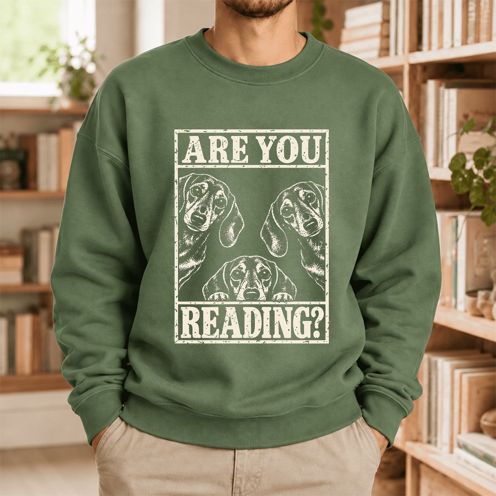 Are You Reading Dachshund Softstyle Sweatshirt | Dog Lover Reader Gift Military Green