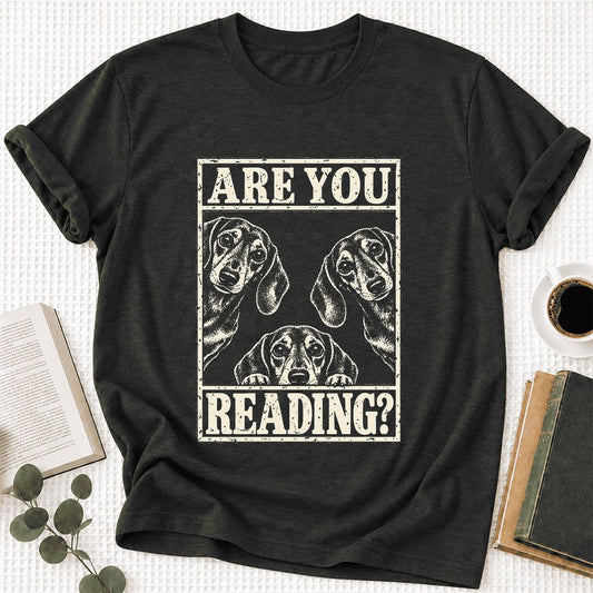 ARE YOU READING? Dachshund Ultra-Soft Cotton T-Shirt | Dog Lover Reader Gift Black Heather
