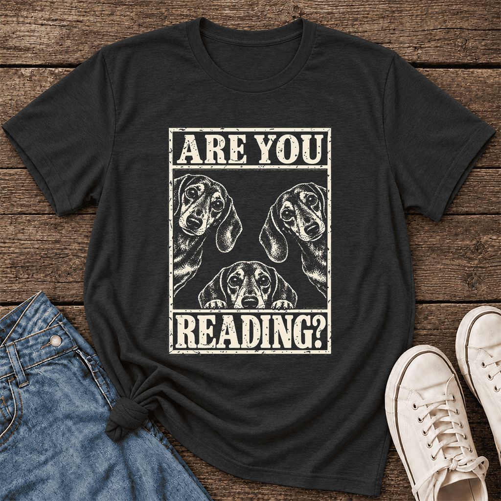 ARE YOU READING? Dachshund Ultra-Soft Cotton T-Shirt | Dog Lover Reader Gift Black Heather