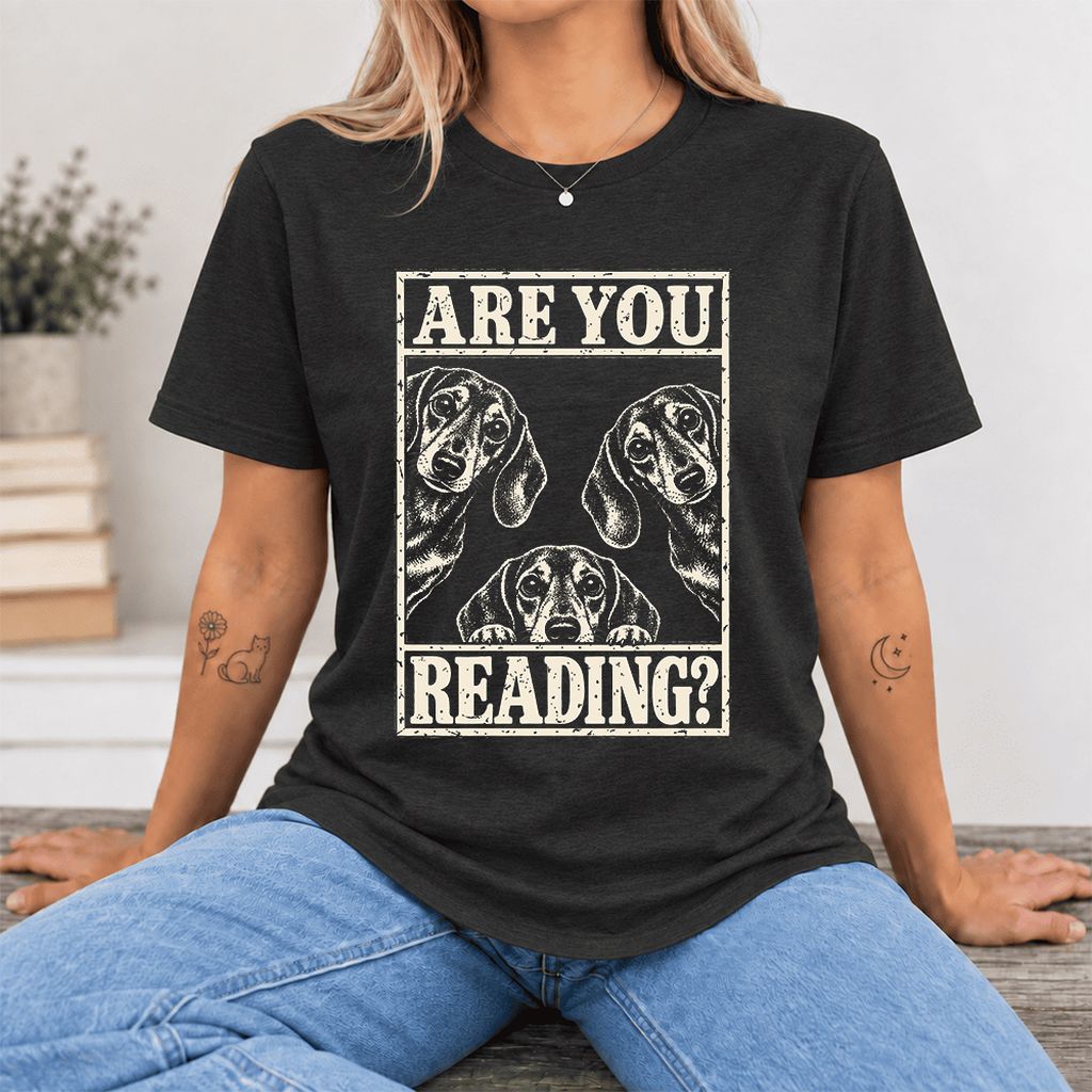 ARE YOU READING? Dachshund Ultra-Soft Cotton T-Shirt | Dog Lover Reader Gift Black Heather