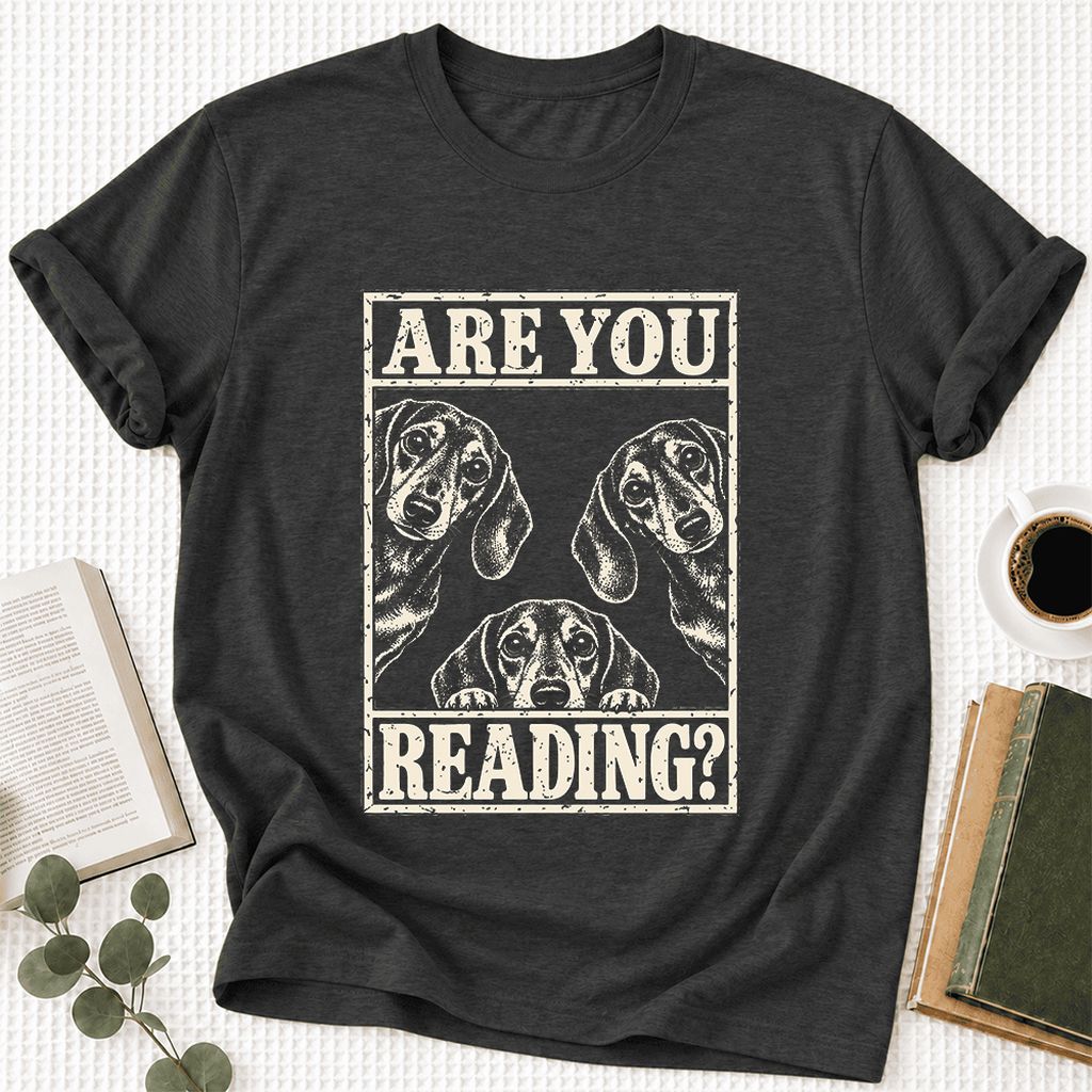 ARE YOU READING? Dachshund Ultra-Soft Cotton T-Shirt | Dog Lover Reader Gift Dark Grey Heather