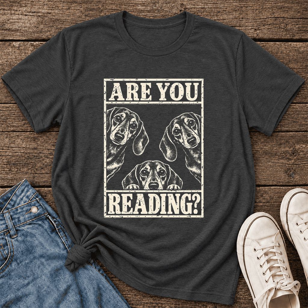 ARE YOU READING? Dachshund Ultra-Soft Cotton T-Shirt | Dog Lover Reader Gift Dark Grey Heather