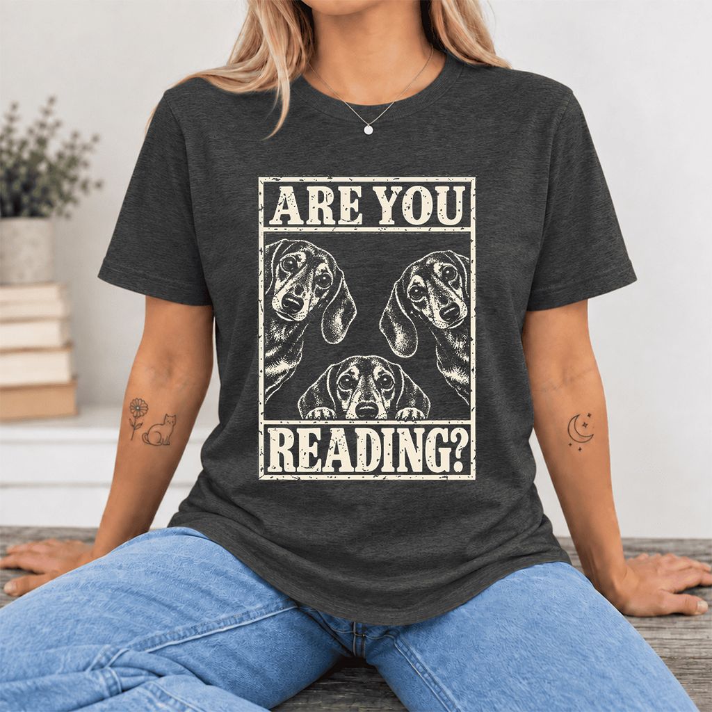 ARE YOU READING? Dachshund Ultra-Soft Cotton T-Shirt | Dog Lover Reader Gift Dark Grey Heather