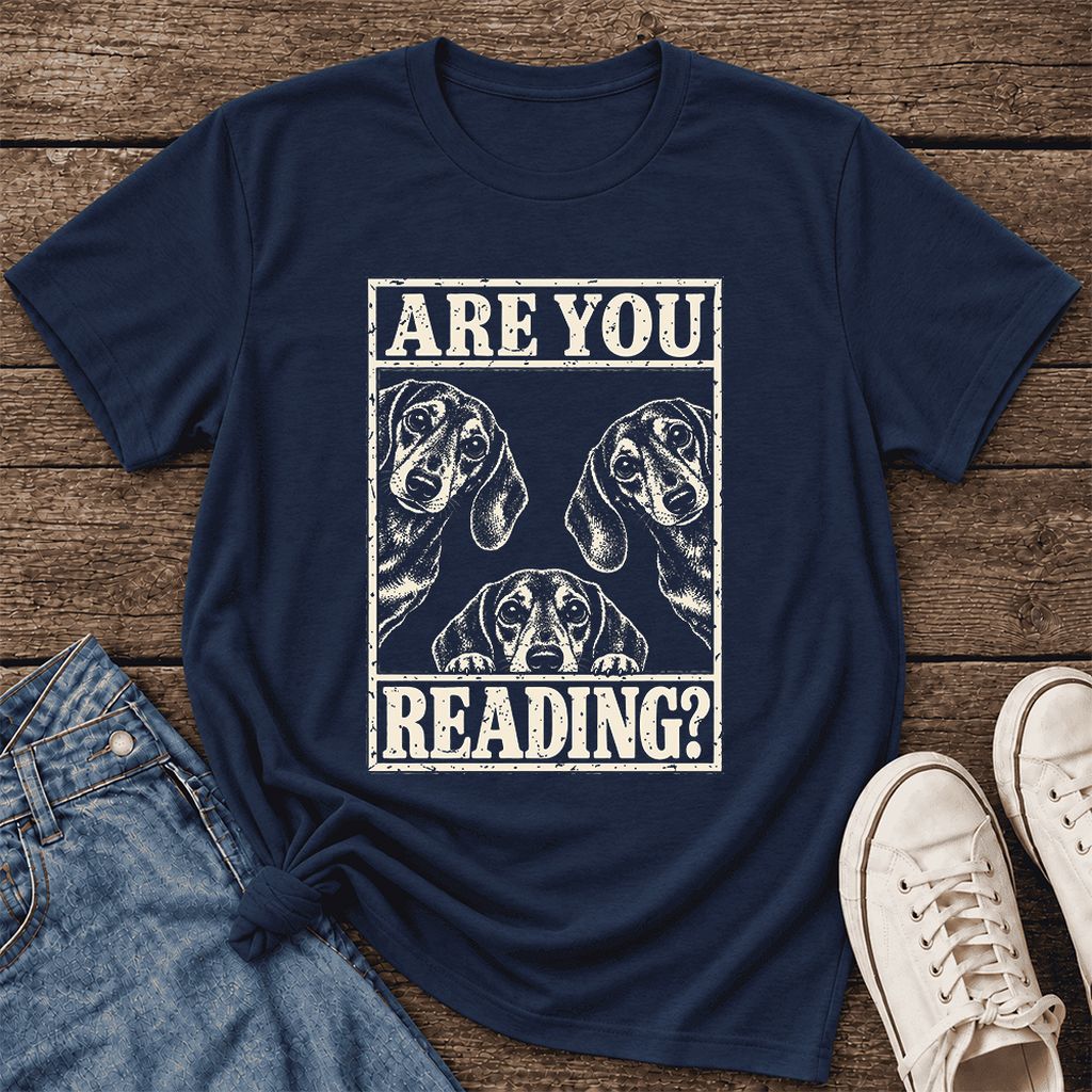 ARE YOU READING? Dachshund Ultra-Soft Cotton T-Shirt | Dog Lover Reader Gift Navy