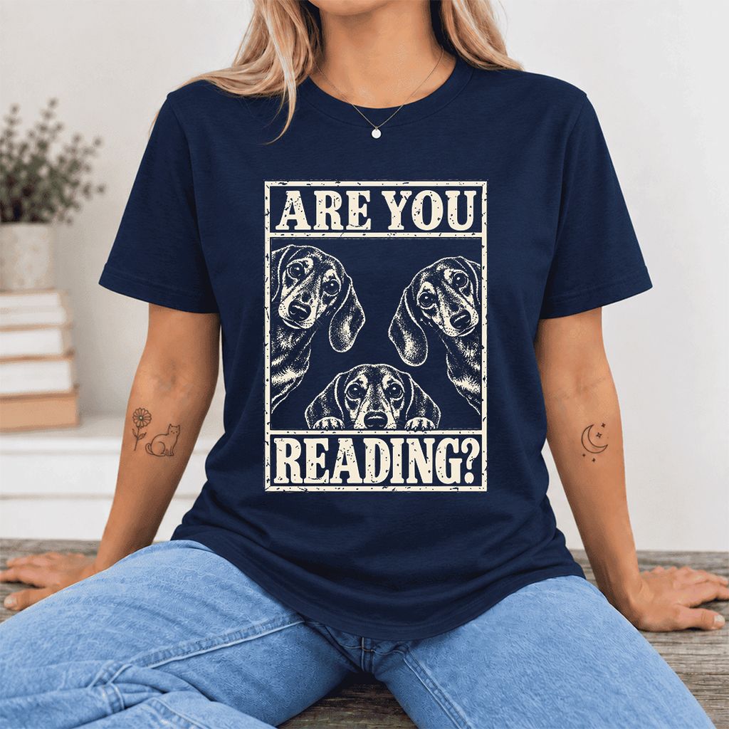 ARE YOU READING? Dachshund Ultra-Soft Cotton T-Shirt | Dog Lover Reader Gift Navy