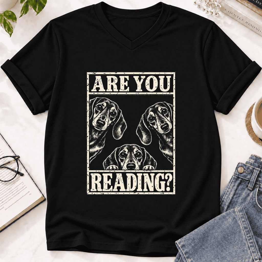 ARE YOU READING Dachshund Ultra-Soft V-Neck | Dog Lover Reader Gift Black