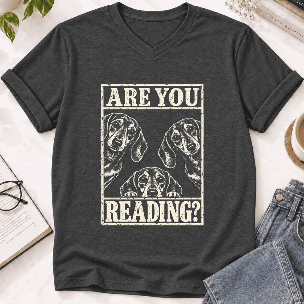 ARE YOU READING Dachshund Ultra-Soft V-Neck | Dog Lover Reader Gift Dark Grey Heather