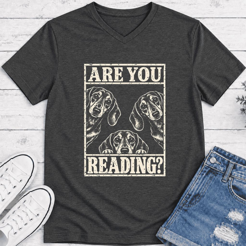 ARE YOU READING Dachshund Ultra-Soft V-Neck | Dog Lover Reader Gift Dark Grey Heather