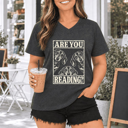 ARE YOU READING Dachshund Ultra-Soft V-Neck | Dog Lover Reader Gift Dark Grey Heather
