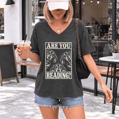ARE YOU READING Dachshund Ultra-Soft V-Neck | Dog Lover Reader Gift Dark Grey Heather