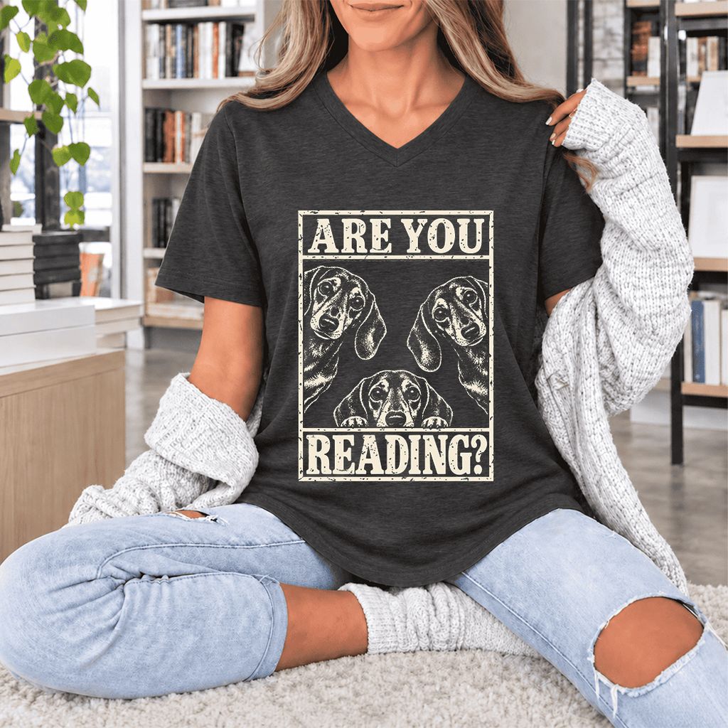 ARE YOU READING Dachshund Ultra-Soft V-Neck | Dog Lover Reader Gift Dark Grey Heather