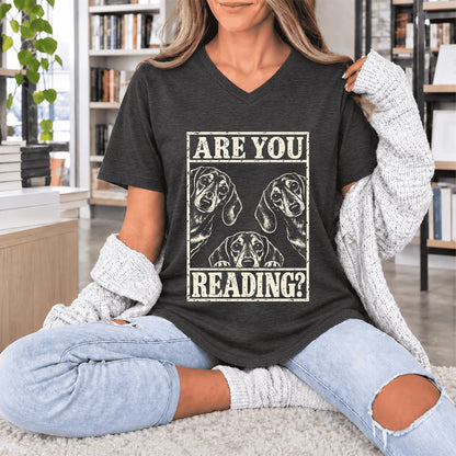 ARE YOU READING Dachshund Ultra-Soft V-Neck | Dog Lover Reader Gift Dark Grey Heather