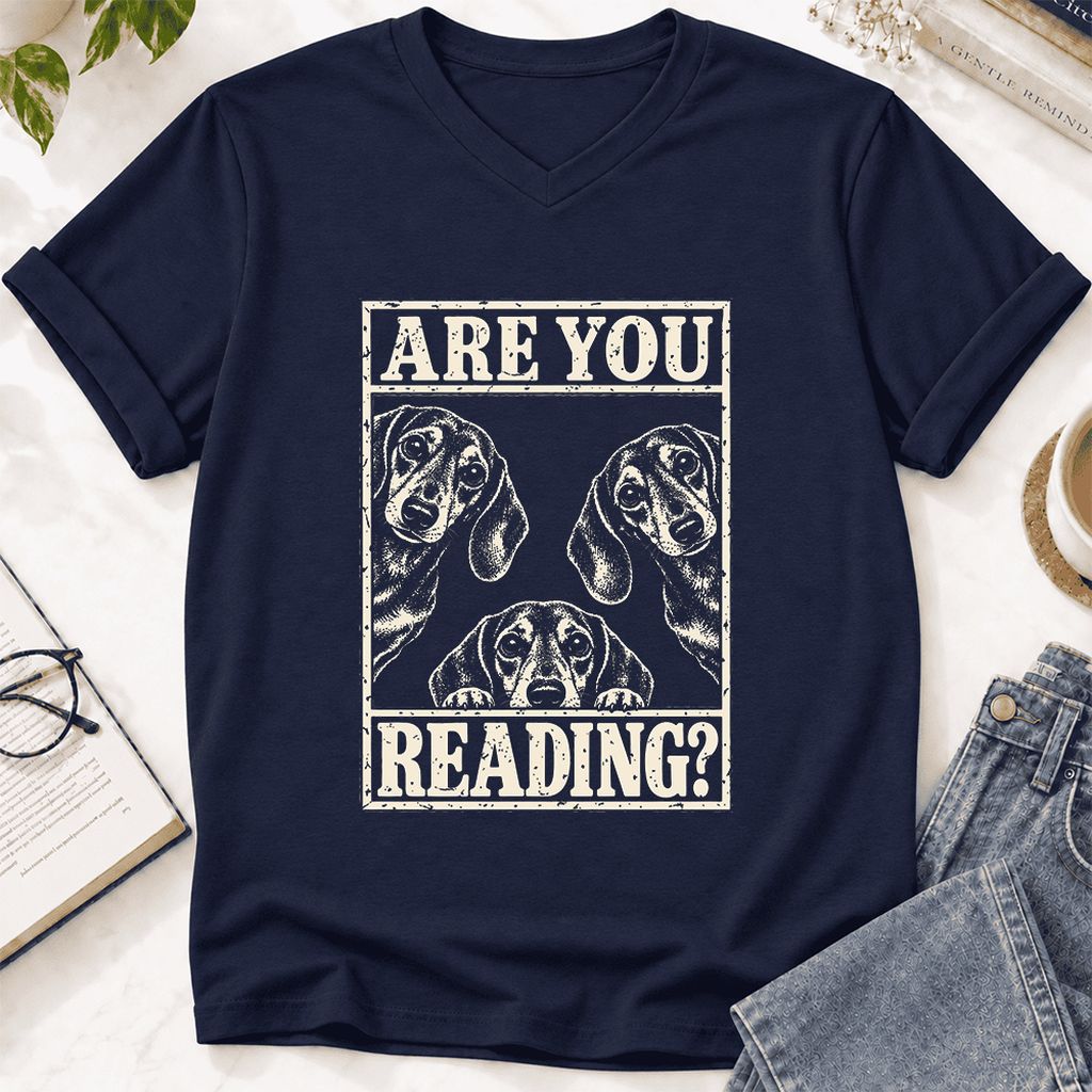 ARE YOU READING Dachshund Ultra-Soft V-Neck | Dog Lover Reader Gift Navy