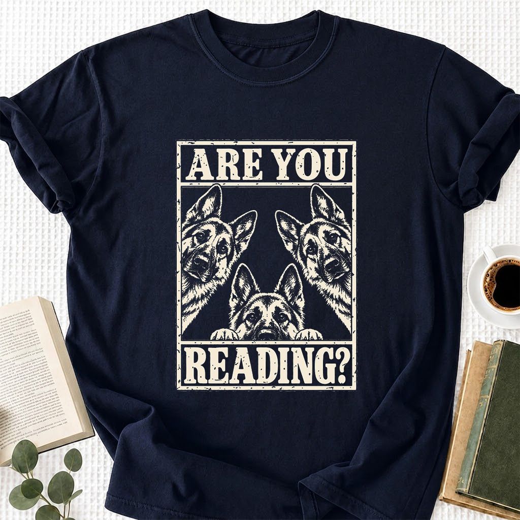 ARE YOU READING German Shepherd Printed T-Shirt | Dog Lover Reader Gift Navy