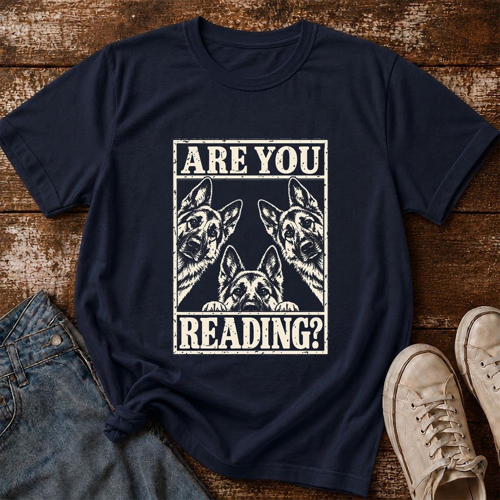 ARE YOU READING German Shepherd Printed T-Shirt | Dog Lover Reader Gift Navy