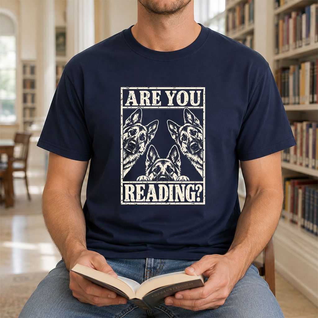 ARE YOU READING German Shepherd Printed T-Shirt | Dog Lover Reader Gift Navy