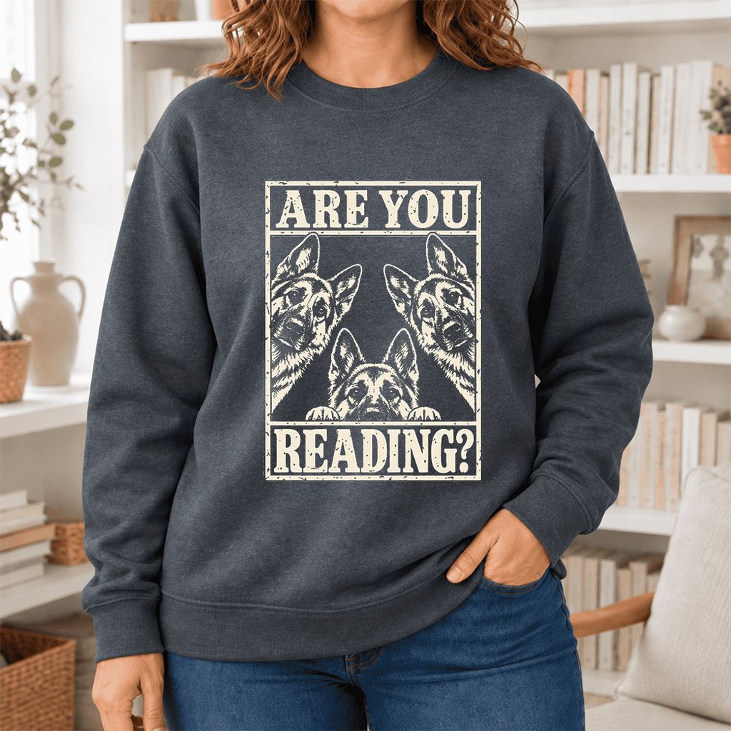 Are You Reading German Shepherd Softstyle Sweatshirt | Dog Lover Reader Gift Dark Heather