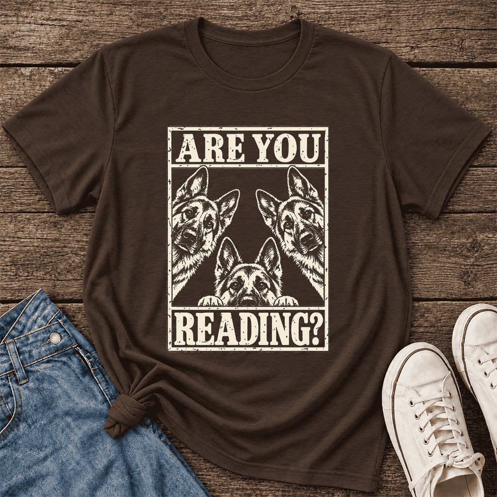 ARE YOU READING German Shepherd Ultra-Soft Cotton T-Shirt | Reader Gift Brown