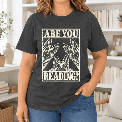 ARE YOU READING German Shepherd Ultra-Soft Cotton T-Shirt | Reader Gift Dark Grey Heather