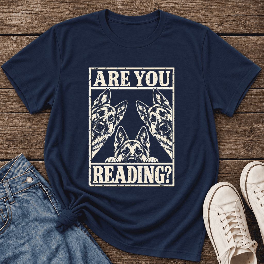 ARE YOU READING German Shepherd Ultra-Soft Cotton T-Shirt | Reader Gift Navy
