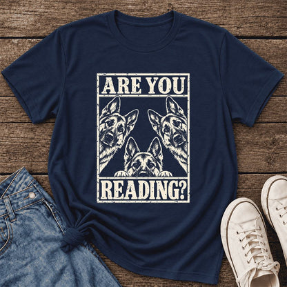 ARE YOU READING German Shepherd Ultra-Soft Cotton T-Shirt | Reader Gift Navy