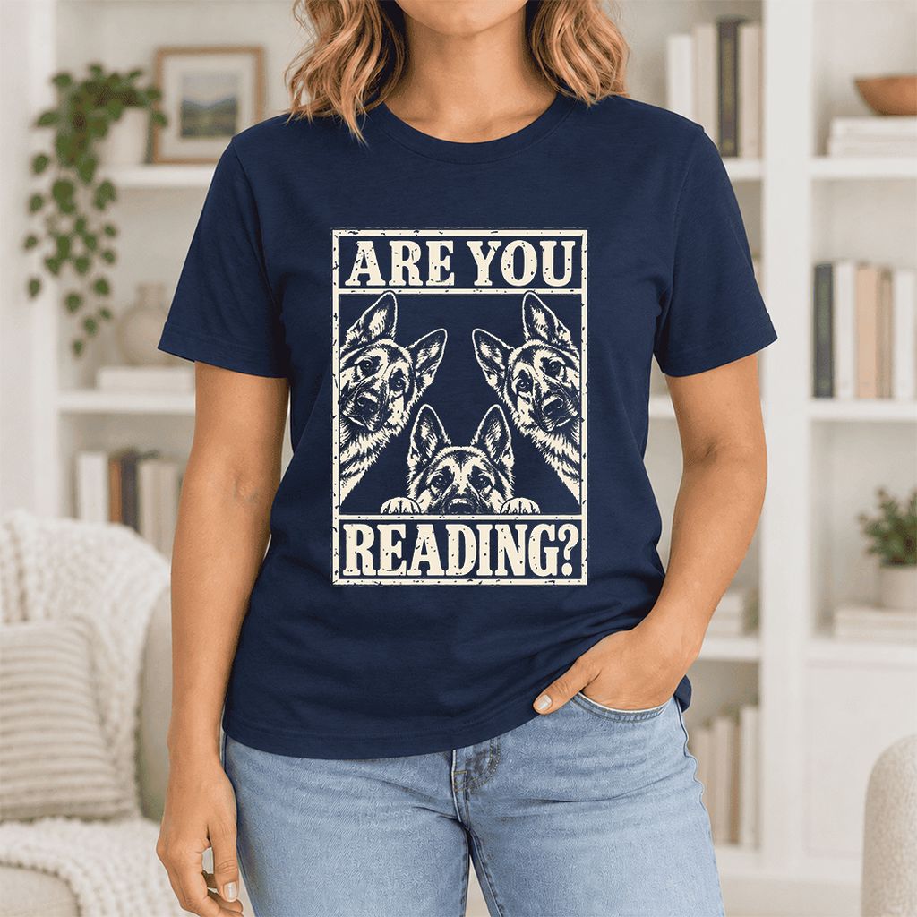 ARE YOU READING German Shepherd Ultra-Soft Cotton T-Shirt | Reader Gift Navy