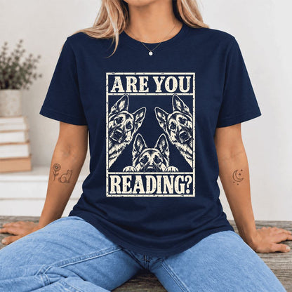 ARE YOU READING German Shepherd Ultra-Soft Cotton T-Shirt | Reader Gift Navy