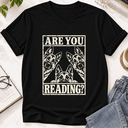 ARE YOU READING German Shepherd Ultra-Soft V-Neck | Dog Lover Reader Gift Black