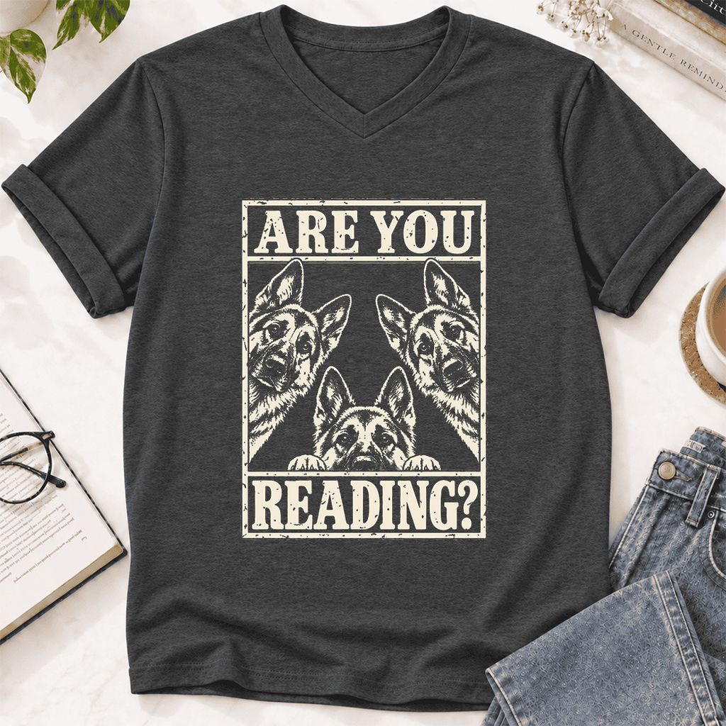 ARE YOU READING German Shepherd Ultra-Soft V-Neck | Dog Lover Reader Gift Dark Grey Heather