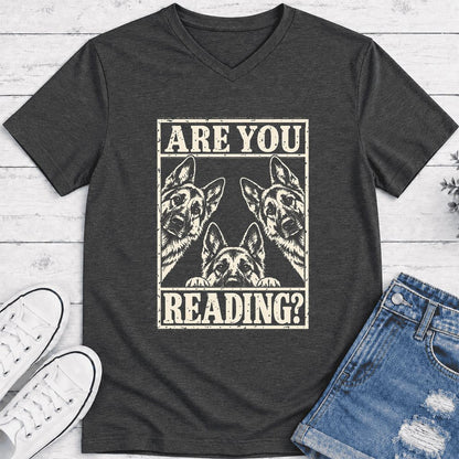 ARE YOU READING German Shepherd Ultra-Soft V-Neck | Dog Lover Reader Gift Dark Grey Heather