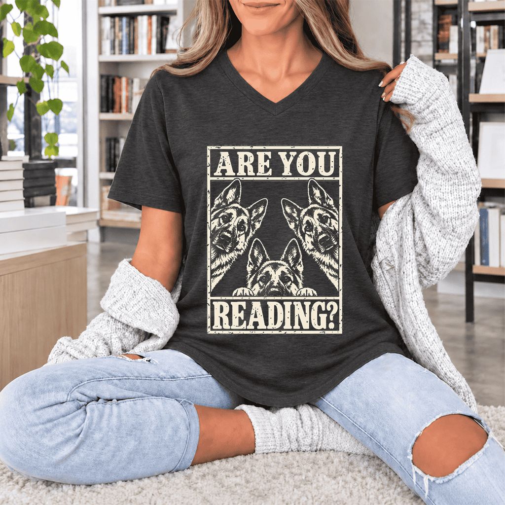 ARE YOU READING German Shepherd Ultra-Soft V-Neck | Dog Lover Reader Gift Dark Grey Heather