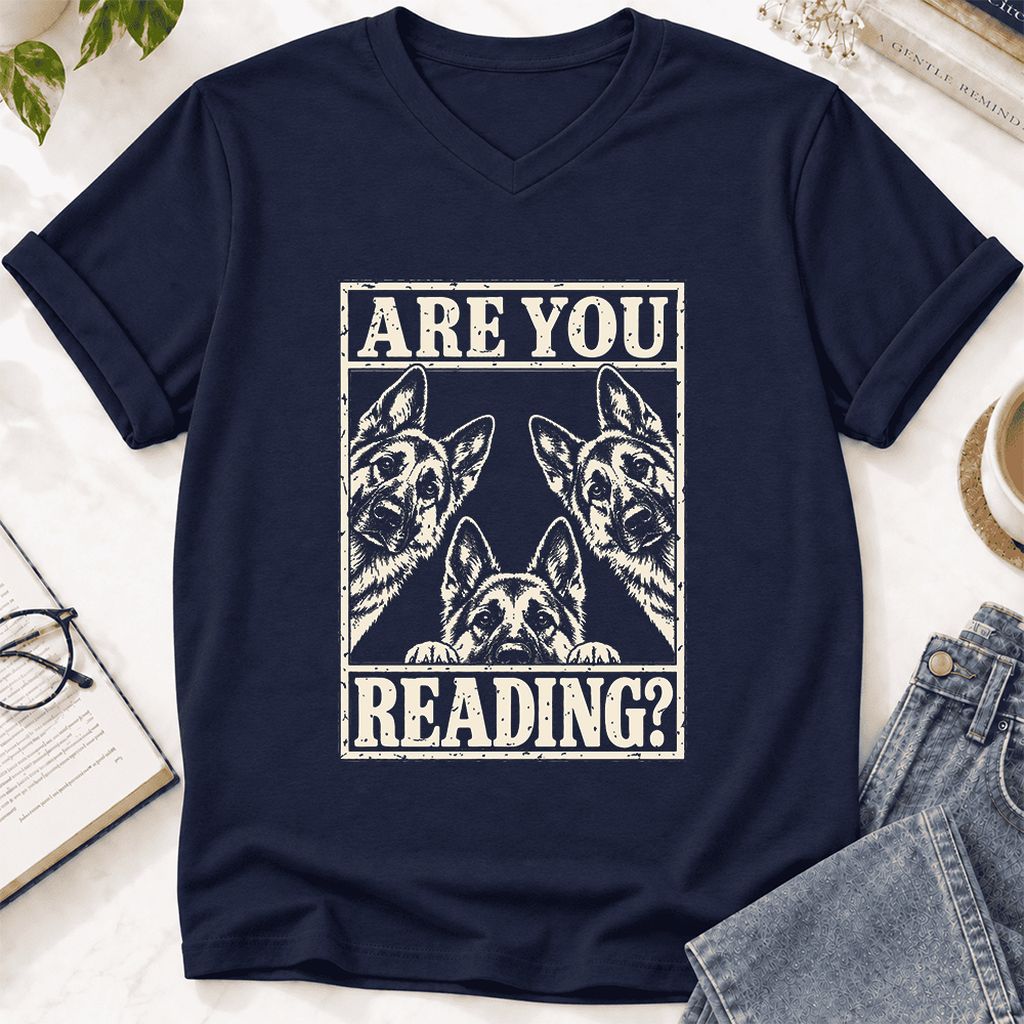 ARE YOU READING German Shepherd Ultra-Soft V-Neck | Dog Lover Reader Gift Navy