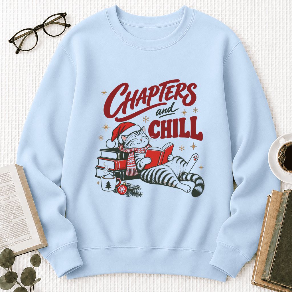 CHAPTERS and CHILL Cat Printed Sweatshirt | Christmas Book Lover Gift Light Blue