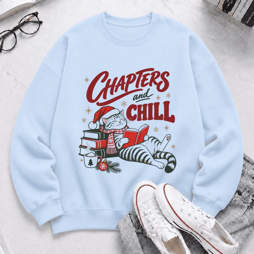 CHAPTERS and CHILL Cat Printed Sweatshirt | Christmas Book Lover Gift Light Blue