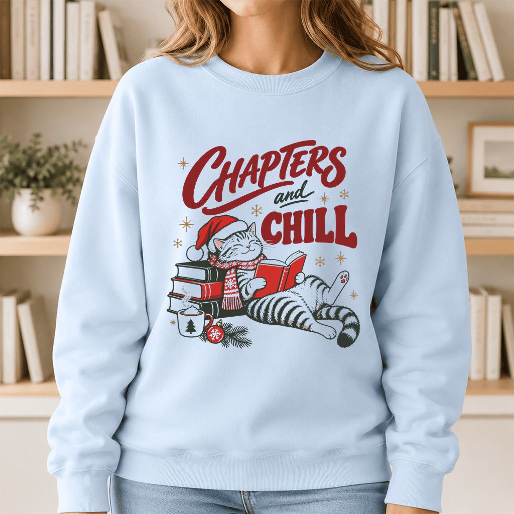 CHAPTERS and CHILL Cat Printed Sweatshirt | Christmas Book Lover Gift Light Blue