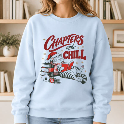 CHAPTERS and CHILL Cat Printed Sweatshirt | Christmas Book Lover Gift Light Blue