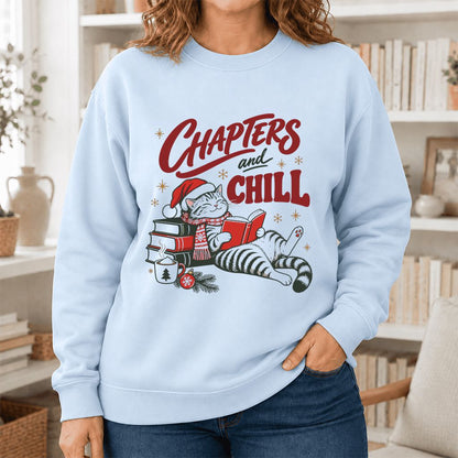 CHAPTERS and CHILL Cat Printed Sweatshirt | Christmas Book Lover Gift Light Blue