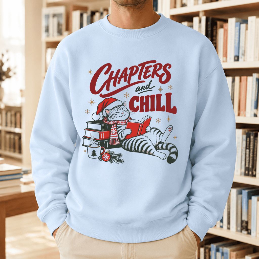 CHAPTERS and CHILL Cat Printed Sweatshirt | Christmas Book Lover Gift Light Blue