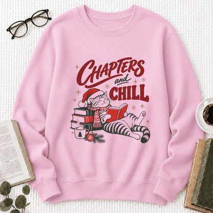 CHAPTERS and CHILL Cat Printed Sweatshirt | Christmas Book Lover Gift Light Pink