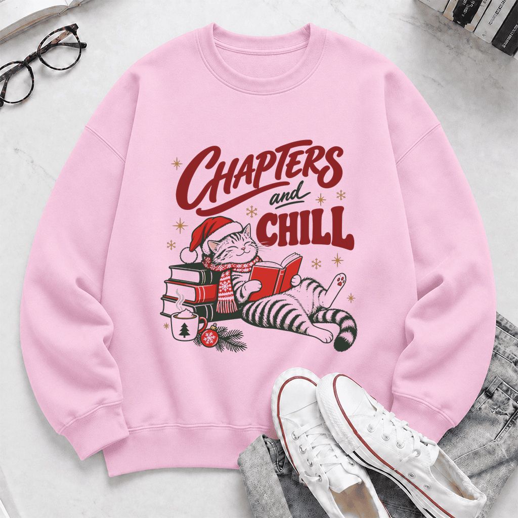 CHAPTERS and CHILL Cat Printed Sweatshirt | Christmas Book Lover Gift Light Pink