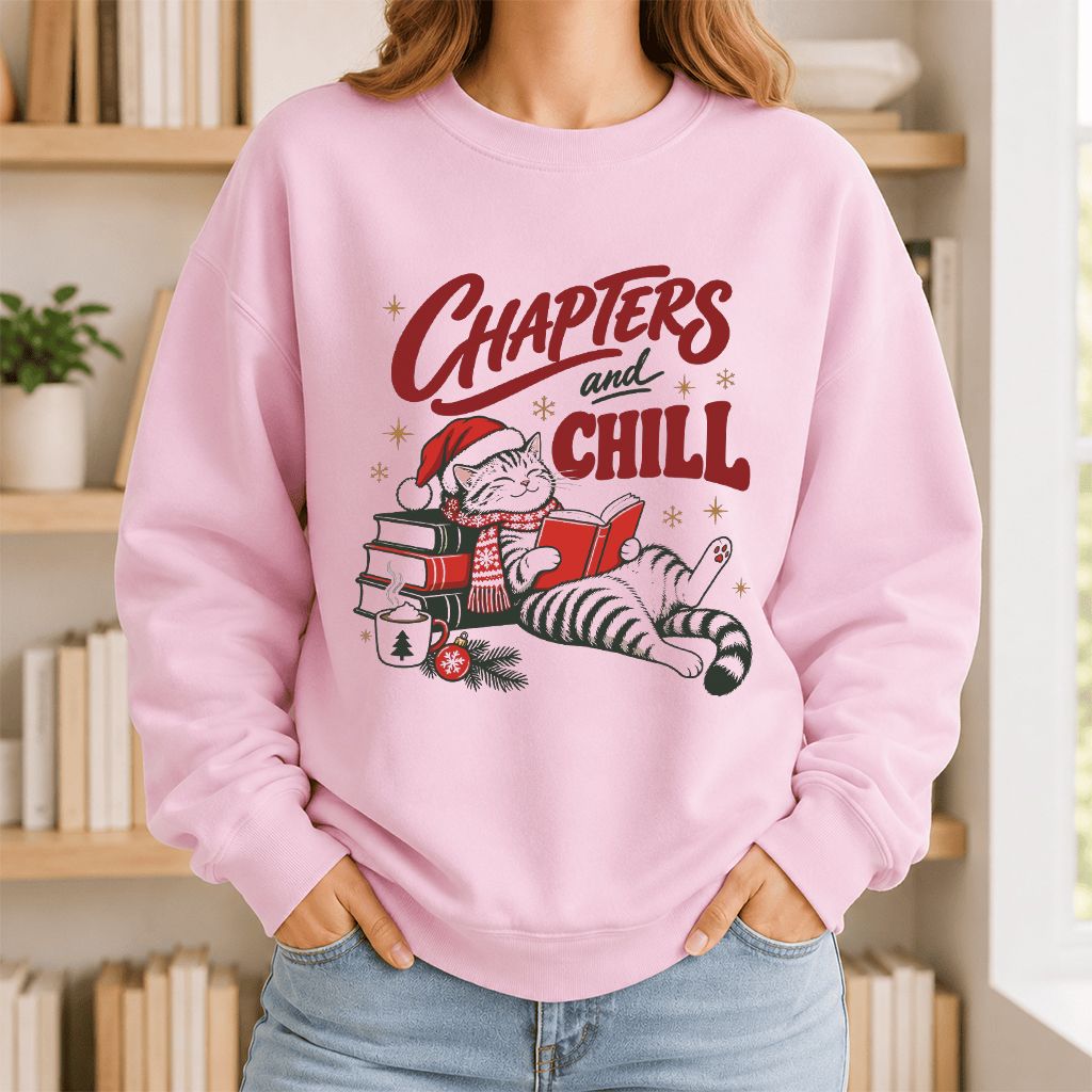 CHAPTERS and CHILL Cat Printed Sweatshirt | Christmas Book Lover Gift Light Pink