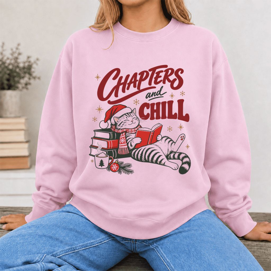 CHAPTERS and CHILL Cat Printed Sweatshirt | Christmas Book Lover Gift Light Pink