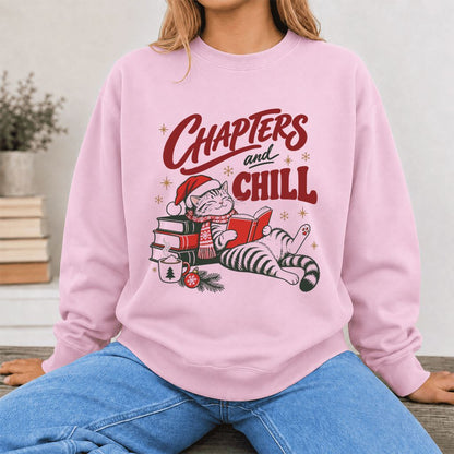 CHAPTERS and CHILL Cat Printed Sweatshirt | Christmas Book Lover Gift Light Pink